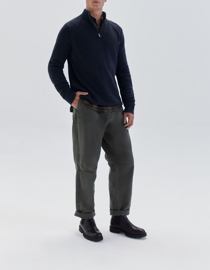 Marineblauer Herrenrippstrickpullover mit Troyerkragen-7