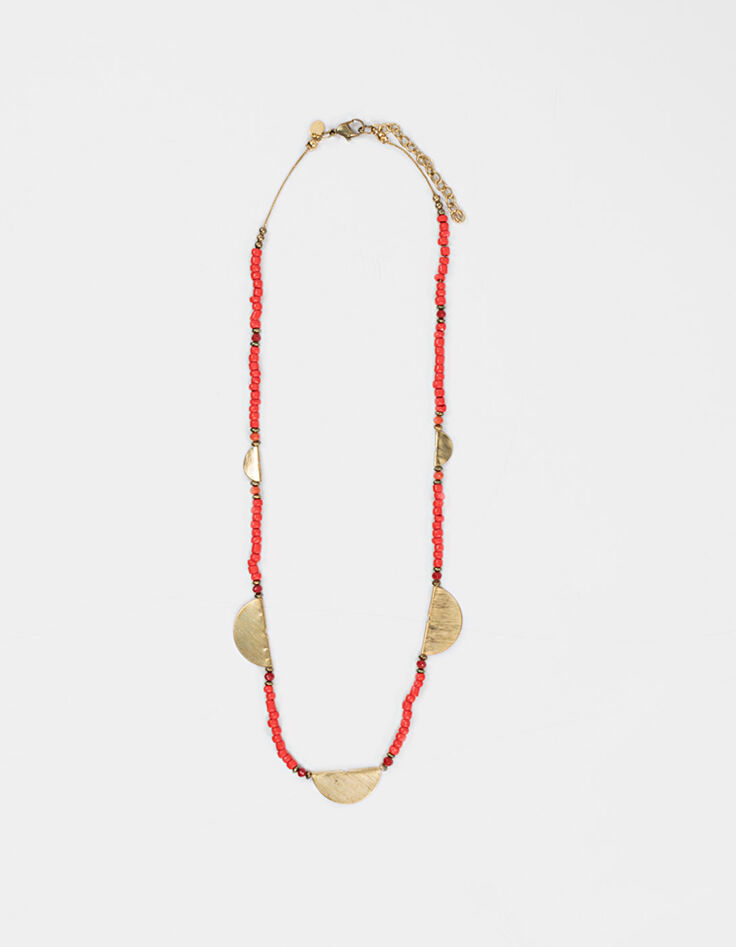 Women’s coral beads gold metal half-moon necklace-1