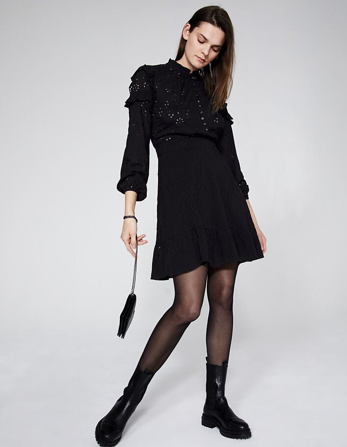 Black eyelet embroidery and viscose fitted dress-6