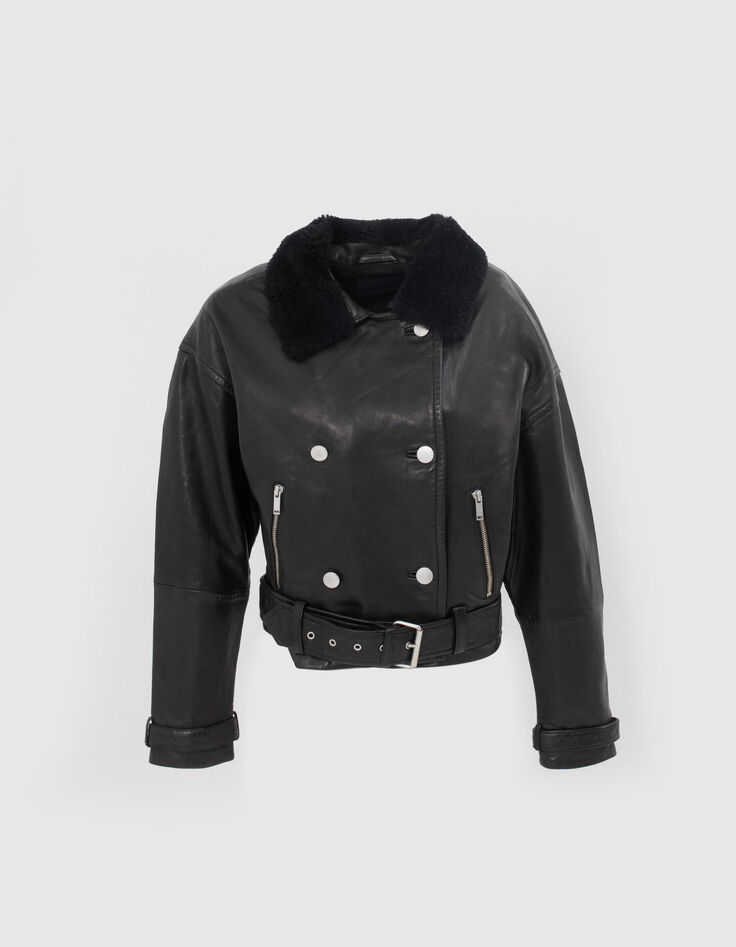 Women’s black leather jacket with faux sheepskin collar-1