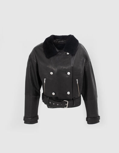 Women’s black leather jacket with faux sheepskin collar - IKKS