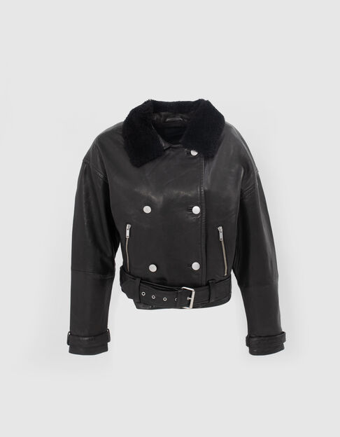Women’s black leather jacket with faux sheepskin collar