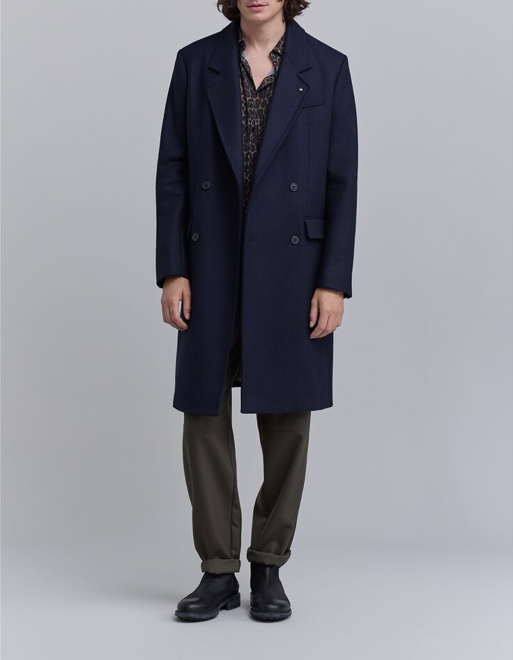 Men's long navy blue double-breasted coat-2