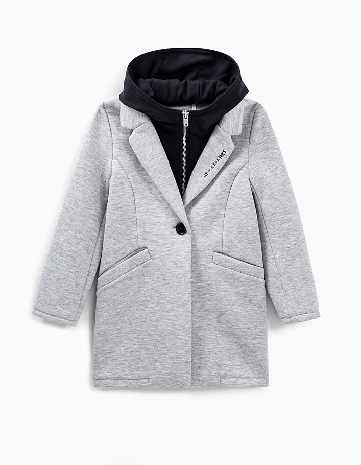 Girls’ grey coat with removable hood-facing-1
