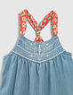 Girls’ light blue Tencel® embroidered dress+printed straps-3