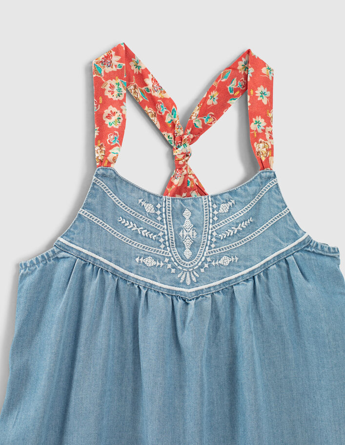 Girls’ light blue Tencel® embroidered dress+printed straps - IKKS