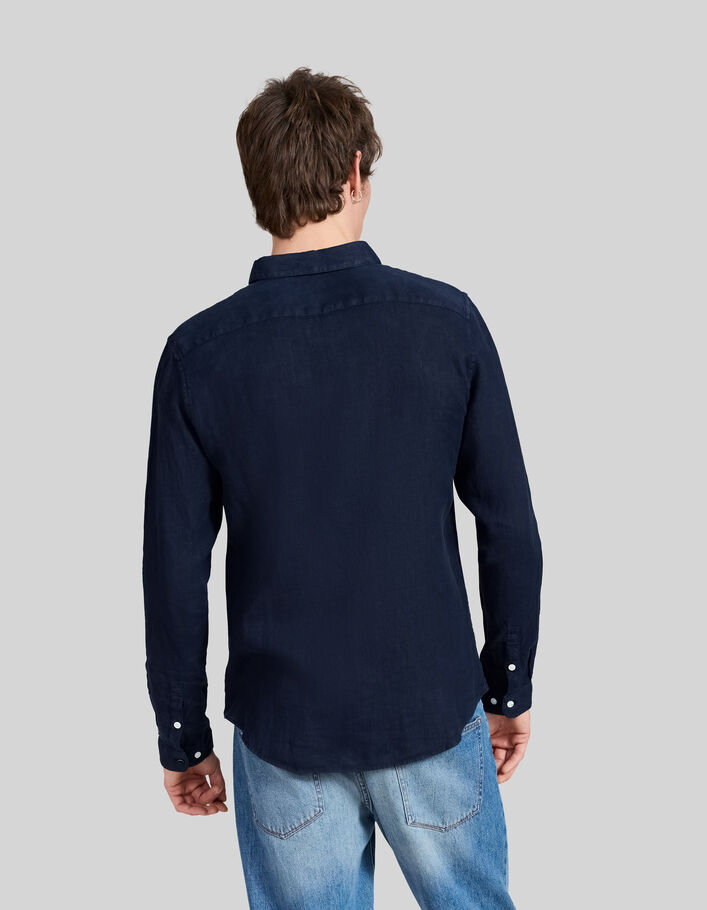 Marineblaues SLIM-Herrenhemd aus 100% Leinen - IKKS