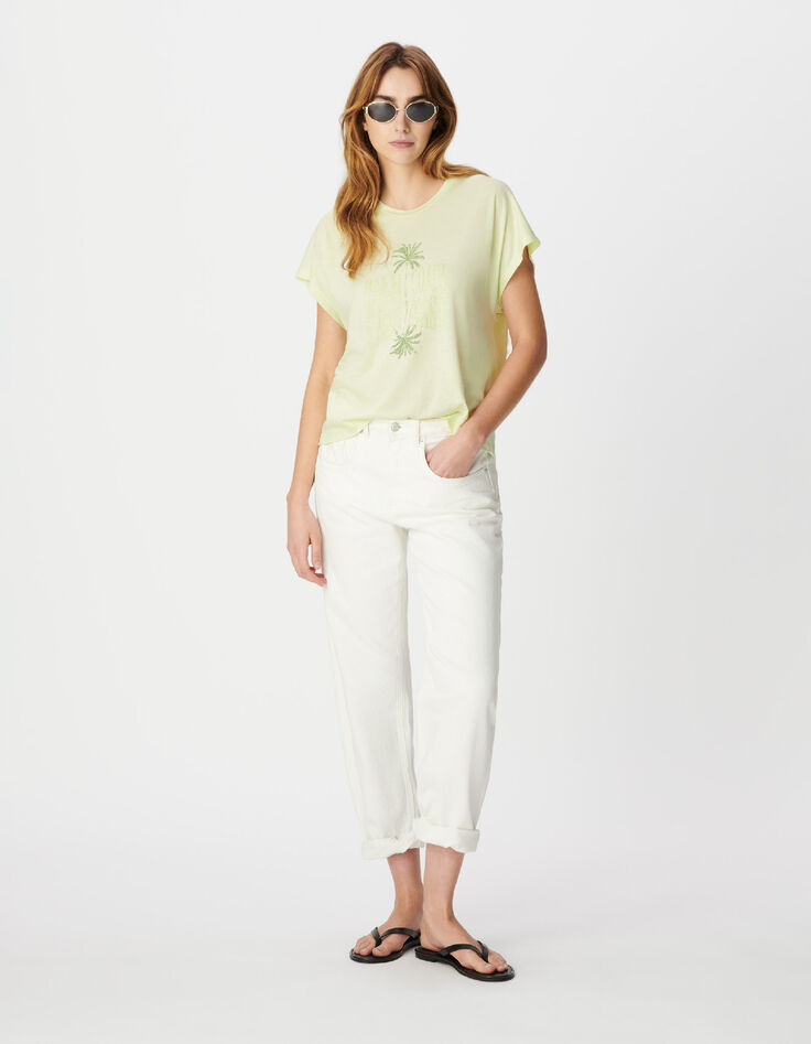 Groen visueel T-shirt met palmbomen en glitterboodschap voor Dames-1