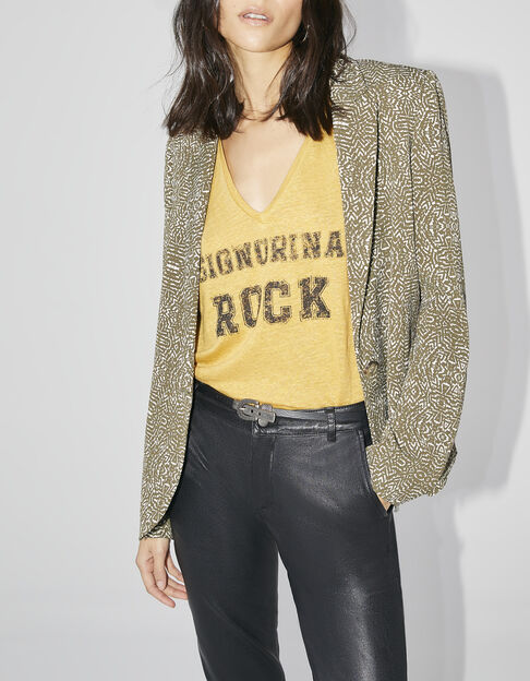 Kurzer Damenblazer mit Fantasie-Print in Khaki