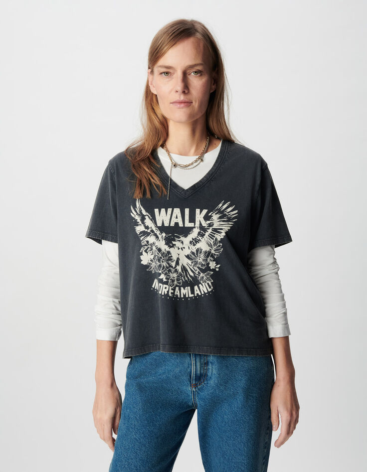 Schwarzes Damen T-Shirt aus verwaschener Bio-Baumwolle mit V-Ausschnitt-2