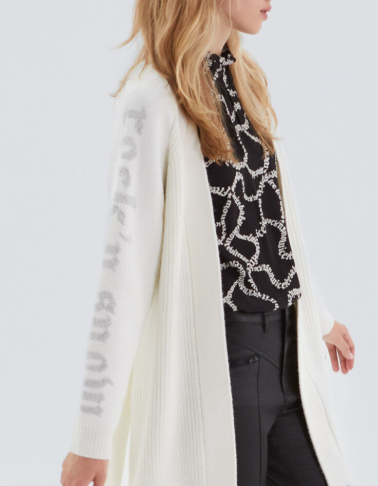 Women’s ecru knit belted cardigan with slogans on sleeves-4