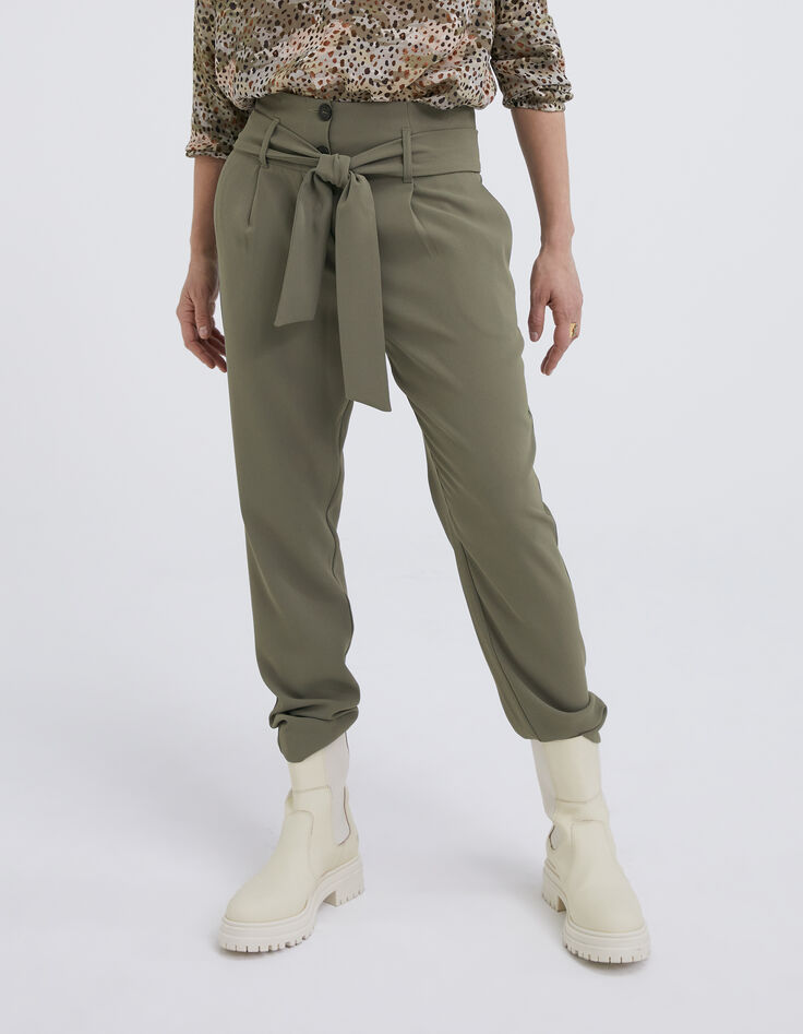 Women’s khaki belted high-waist straight trousers-2