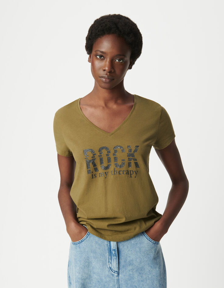 Women's organic cotton khaki t-shirt with glitter message-5