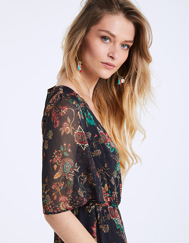 Robe longue col V en voile imprimé floral métallisé-5