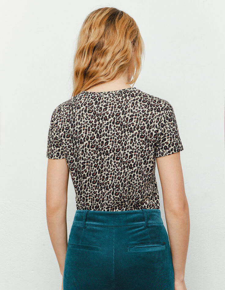 Damen-T-Shirt im Leo-Print aus Viscose und Leinen-3