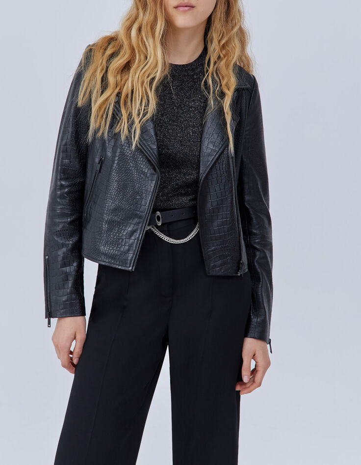 Women’s black crocodile-embossed leather biker jacket-2 Women’s black crocodile-embossed leather biker jacket-2