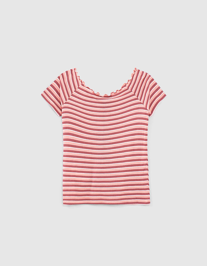 Koraalrood T-shirt gestreept geribd cropped meisjes-3