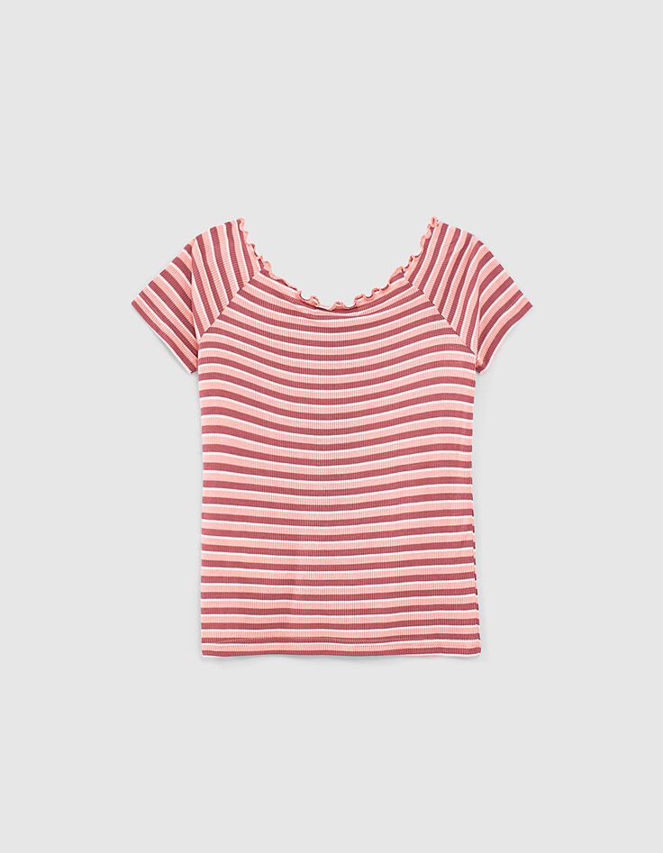 Gestreiftes Mädchen-T-Shirt, Rippenstrick, Korallenrot -3 Gestreiftes Mädchen-T-Shirt, Rippenstrick, Korallenrot -3