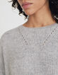 Pull gris col bateau en maille détails bijoux manches femme-5