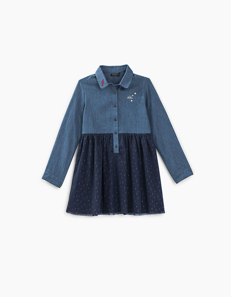 Vestido camisero índigo bi-tejido con tul niña-3