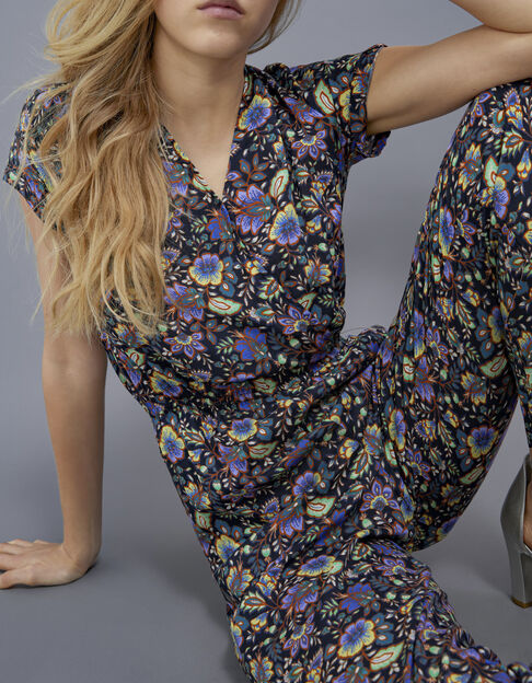 Schwarzer Damen-Hosenoverall mit Maxi-Blumenprint