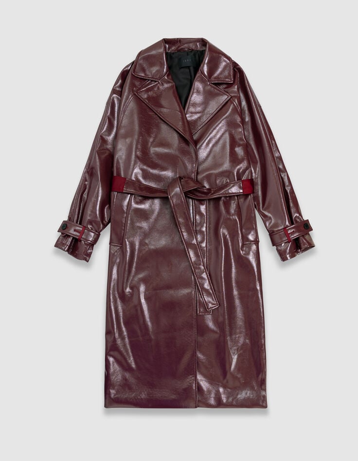 Bordeauxroter Damen-Trenchcoat lang Vinyloptik-7