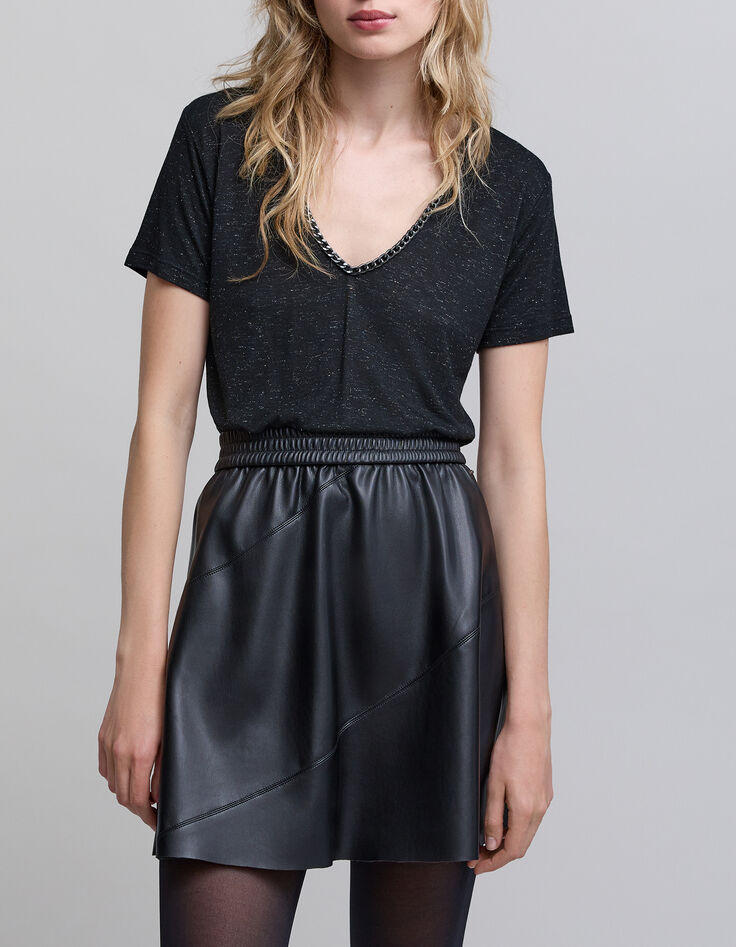 Tee-shirt noir lurex encolure V bijou Femme-2 Tee-shirt noir lurex encolure V bijou Femme-2