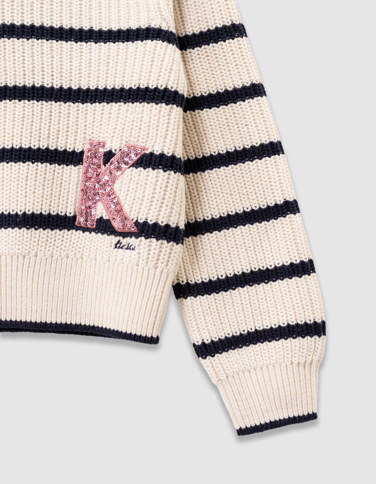 Pull écru tricot col marine lettre sequins fille-5 Pull écru tricot col marine lettre sequins fille-5