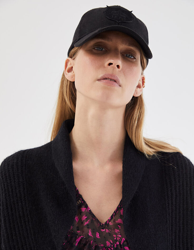 Cardigan noir mi-long broderie dos femme-4