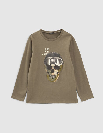 Camiseta caqui algod&oacute;n BCI calavera rizo ni&ntilde;o  - IKKS