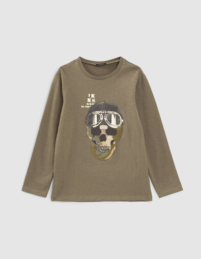 Boys’ khaki bouclette skull image BCI cotton T-shirt - IKKS
