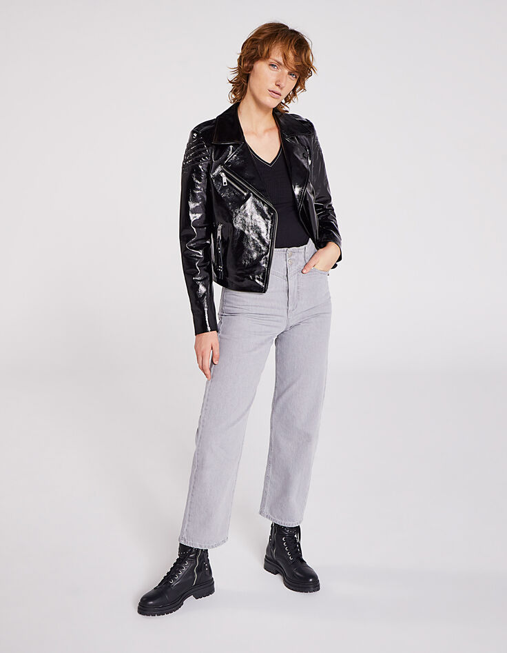 Blouson cuir noir vernis Leather Story détails chevrons matelassés femme-5