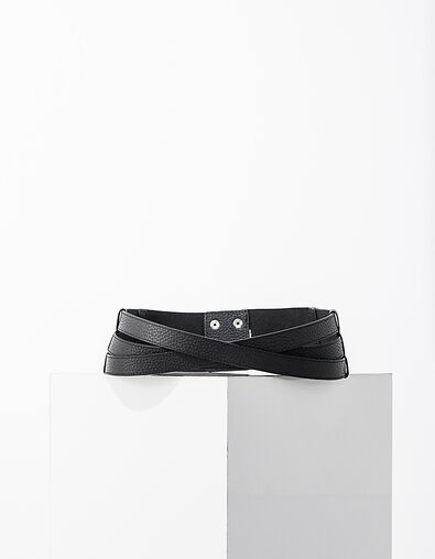 Cinturón ancho bimateria de cuero negro y goma mujer - IKKS