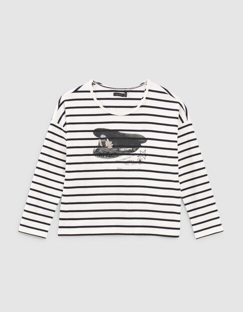 Girls’ ecru striped T-shirt with cap image - IKKS