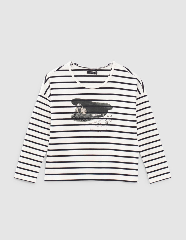 Girls’ ecru striped T-shirt with cap image-2
