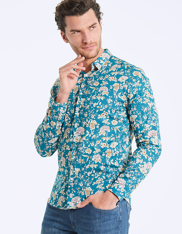 Camisa slim Liberty flores fondo turquesa Hombre - IKKS