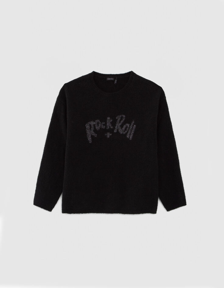 Pull noir tricot Intarsia message fille-1