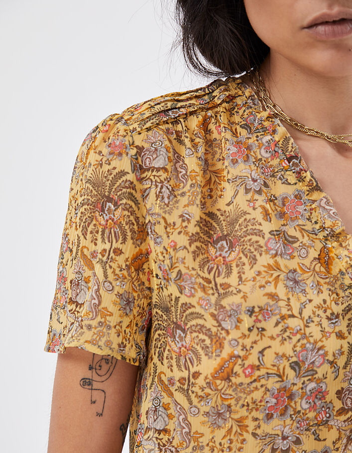 Women’s metallic floral print ruffled collar voile top-4
