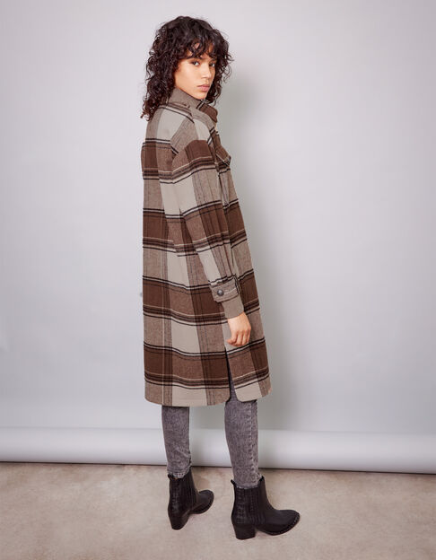 Women’s beige and black check overshirt-style long coat
