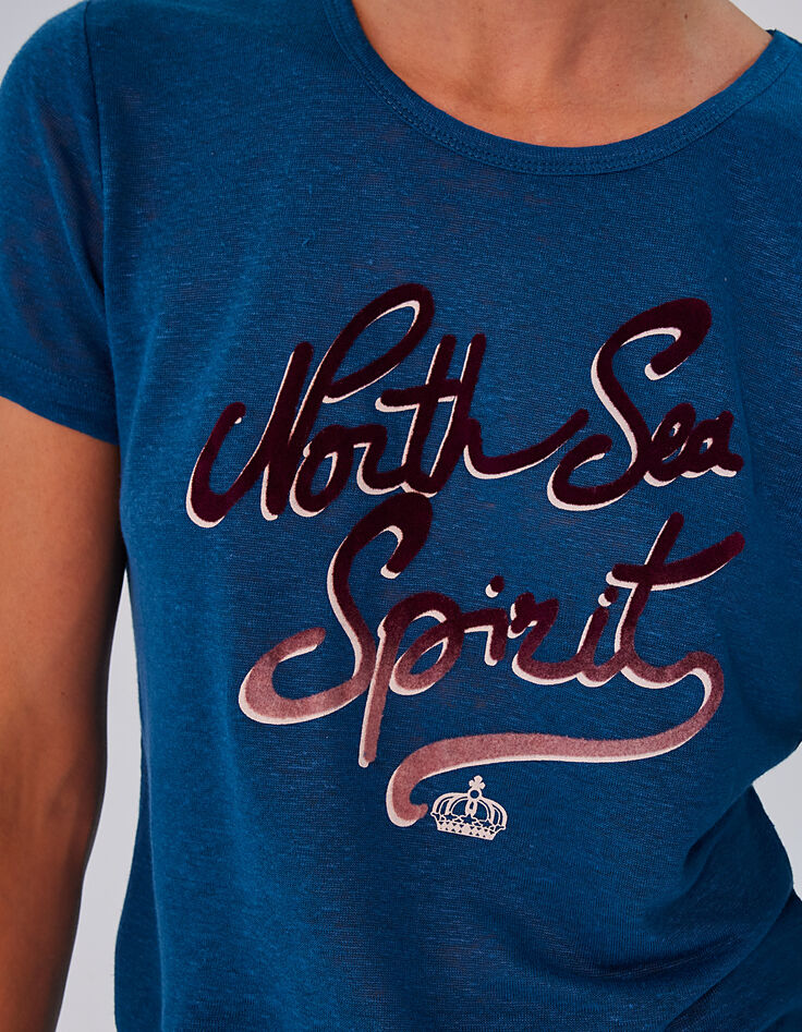 Tee-shirt en lin bleu visuel flocage velours devant femme-4 Tee-shirt en lin bleu visuel flocage velours devant femme-4