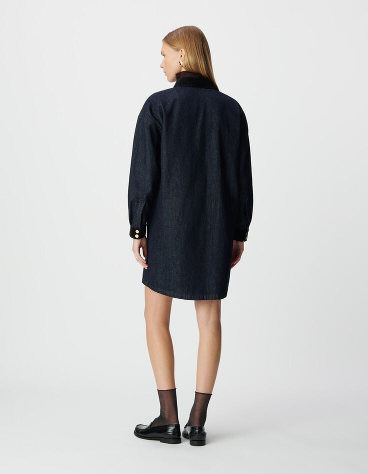 Robe chemise en jean bleu col et poignets velours Femme-2 Robe chemise en jean bleu col et poignets velours Femme-2
