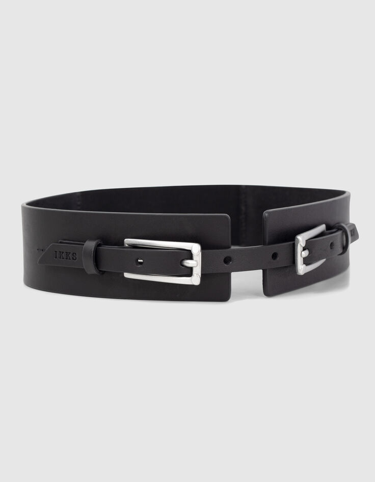Ceinture en cuir noir double boucle ardillon femme-2