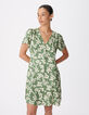 Robe courte vert satin&eacute; imprim&eacute; feuilles Femme-2