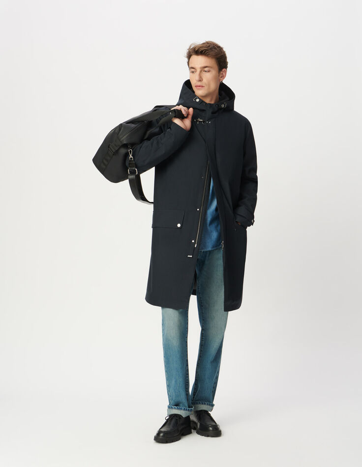 Men&rsquo;s navy mid-length hooded parka-1