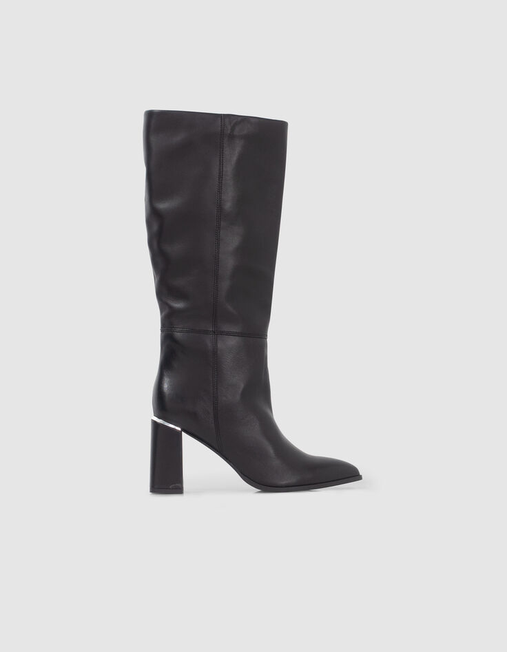 Women’s black leather heeled boots with metal bar-1
