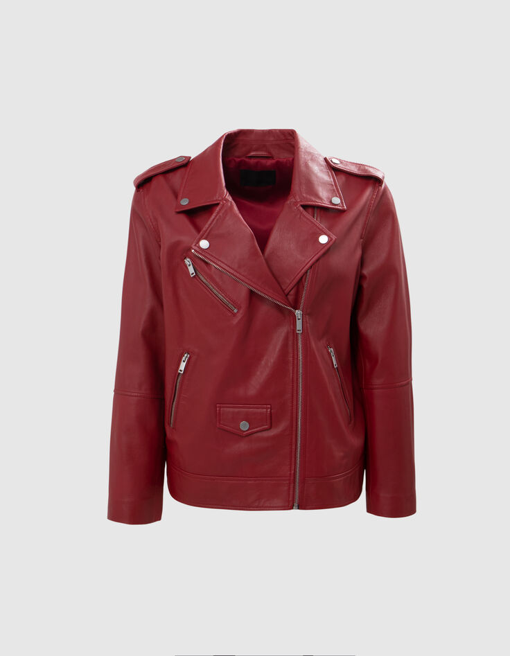 Veste cuir rouge esprit motard poches zippées Femme-6