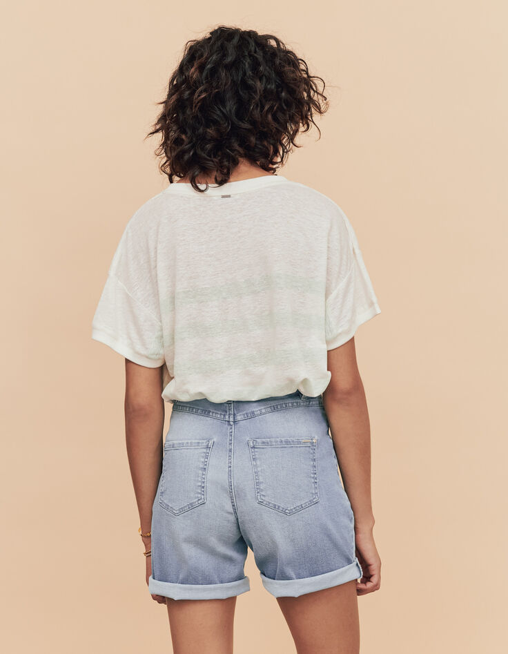Blaue Bleached Damenjeansbermudas mit Steppnaht vorne-3