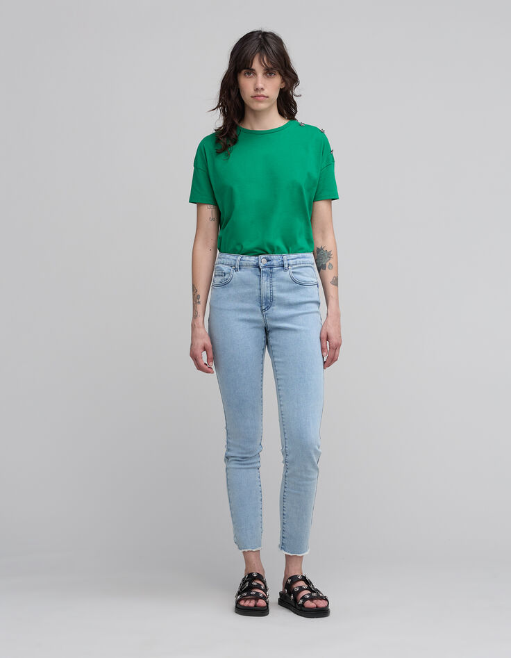 Women's green T-shirt with star design on shoulder and round collar-1
