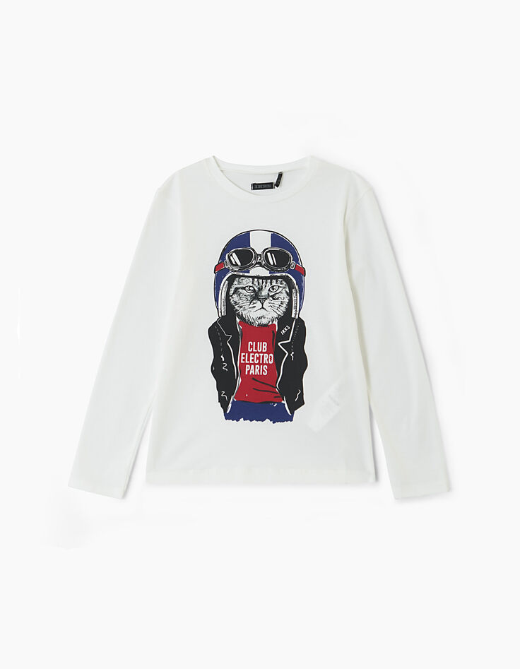 Tee-shirt blanc cassé visuel chat-motard garçon -2