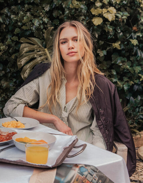 Chemise verte &agrave; rayures avec cravate Femme - IKKS